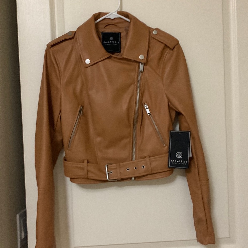 Camel/Tan Faux Leather Biker Jacket Size S. NWT